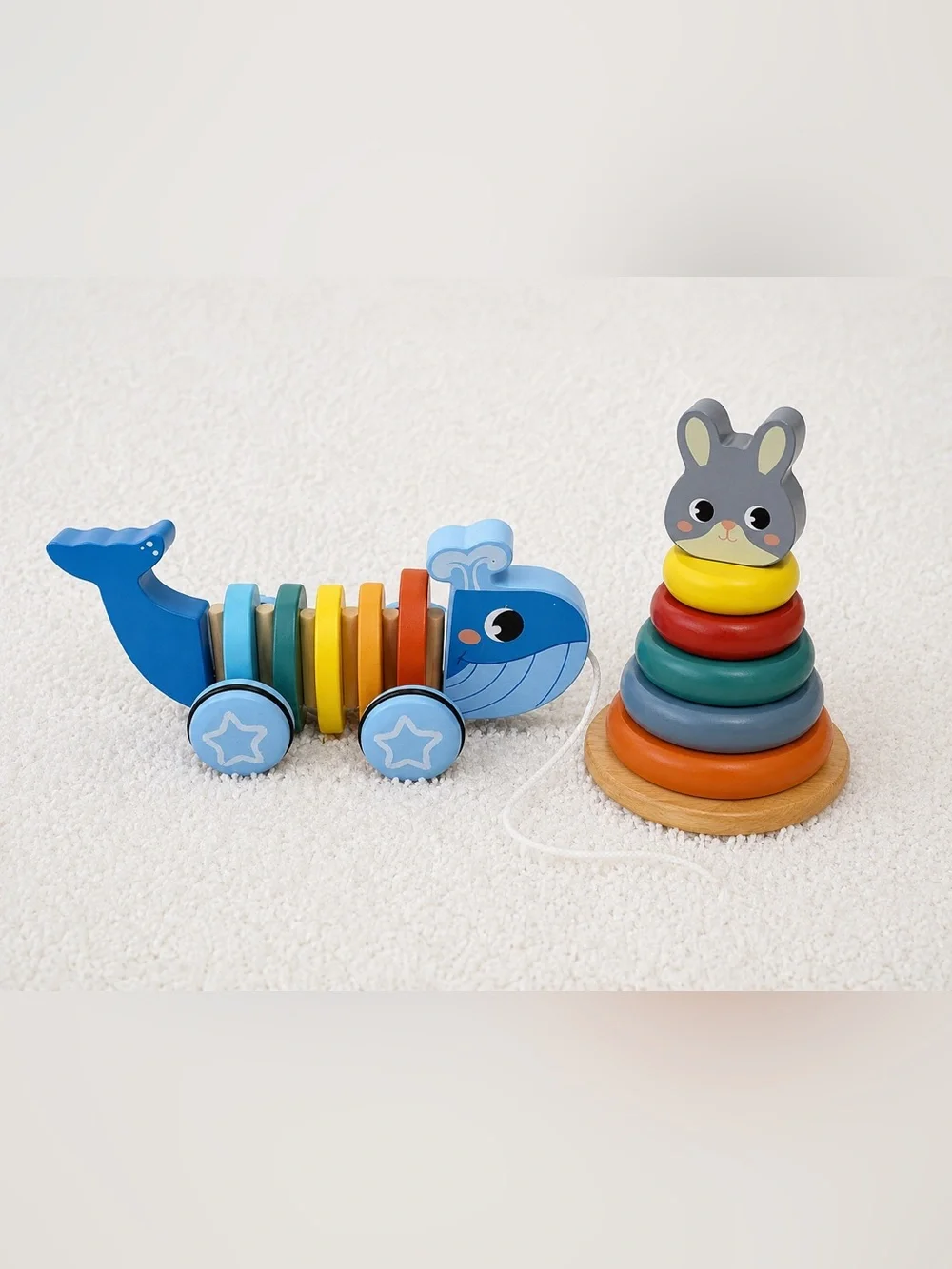 Wooden Toddler Pull Toy and Bunny Stacking Rings Bundle
